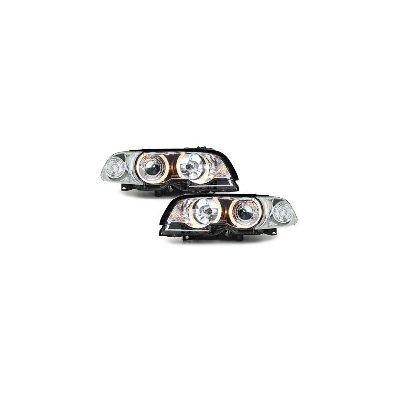Phares BMW E46 Coupé 98-02  avec 2 Anneaux lumineux Angel Eyes  Chrome