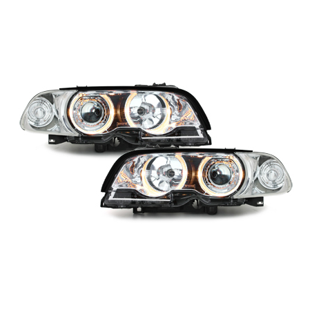 Phares BMW E46 Coupé 98-02  avec 2 Anneaux lumineux Angel Eyes  Chrome