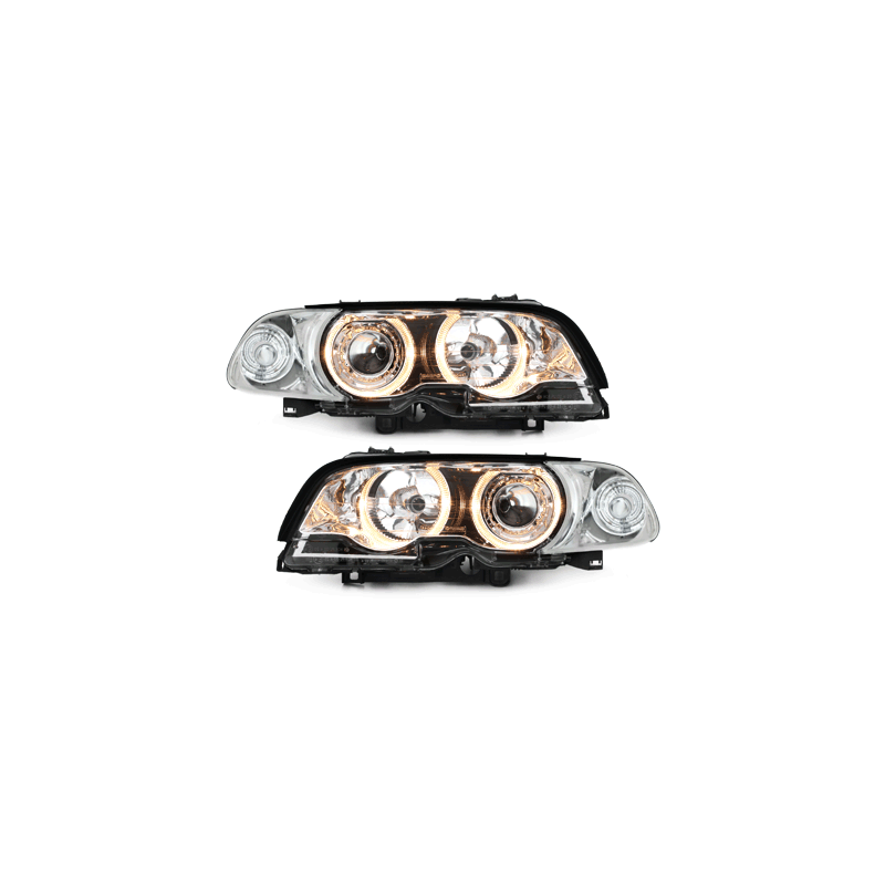 Phares BMW E46 Coupé 98-02  avec 2 Anneaux lumineux Angel Eyes  Chrome