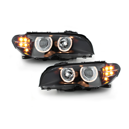 Phares BMW E46 2T 03-06  avec 2 Anneaux lumineux Angel Eyes Noir