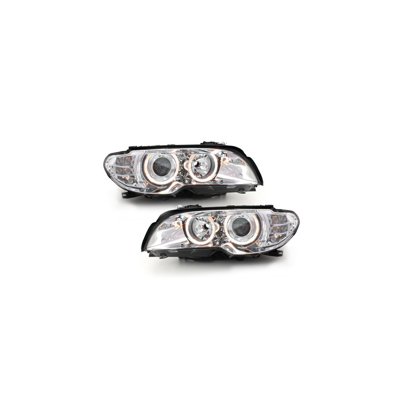 Phares BMW E46 2T 03-06  avec 2 Anneaux lumineux Angel Eyes  Chrome