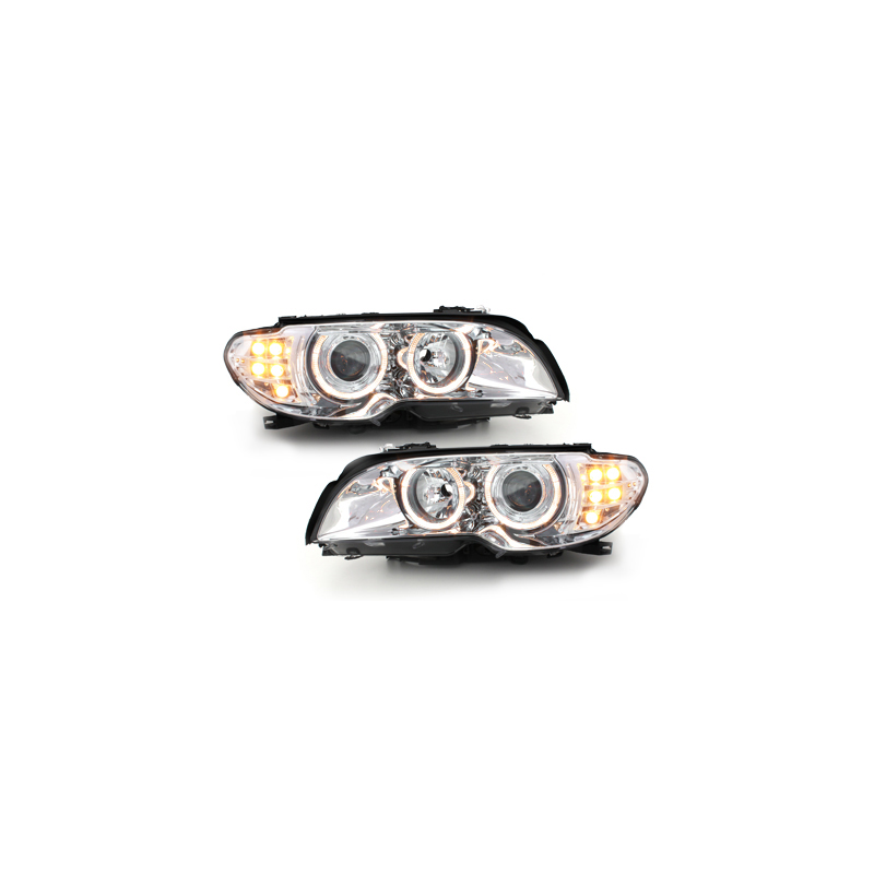 Phares BMW E46 2T 03-06  avec 2 Anneaux lumineux Angel Eyes  Chrome
