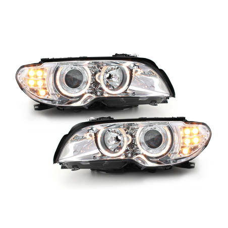 Phares BMW E46 2T 03-06  avec 2 Anneaux lumineux Angel Eyes  Chrome