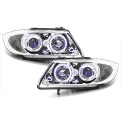 Phares BMW E90  avec 2 Anneaux lumineux Angel Eyes  Chrome
