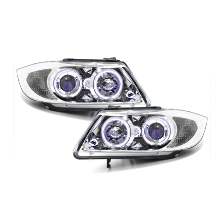 Phares BMW E90  avec 2 Anneaux lumineux Angel Eyes  Chrome