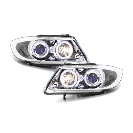 Phares BMW E90  avec 2 Anneaux lumineux Angel Eyes  Chrome