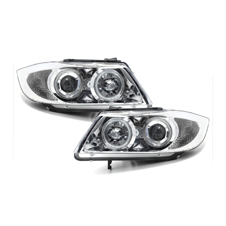 Phares BMW E90  avec 2 Anneaux lumineux Angel Eyes  Chrome