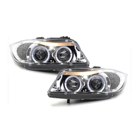 Phares BMW E90/E91 3er  avec 2 Anneaux lumineux Angel Eyes  Chrome