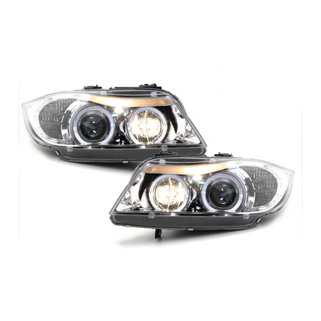 Phares BMW E90/E91 3er  avec 2 Anneaux lumineux Angel Eyes  Chrome