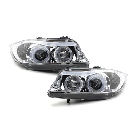 Phares BMW E90/E91 3er  avec 2 Anneaux lumineux Angel Eyes  Chrome