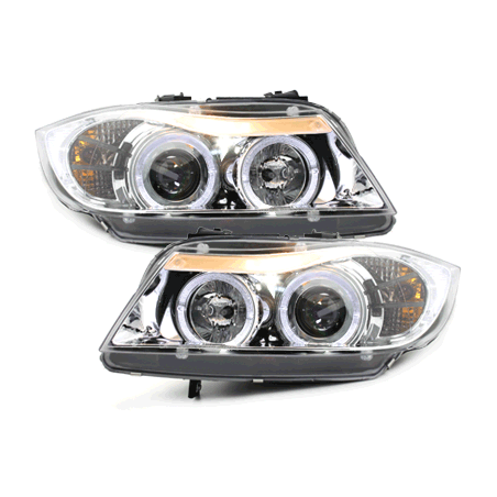 Phares BMW E90/E91 3er  avec 2 Anneaux lumineux Angel Eyes  Chrome