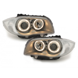 Phares BMW 1er E87 04-07  avec 2 Anneaux lumineux Angel Eyes  Chrome