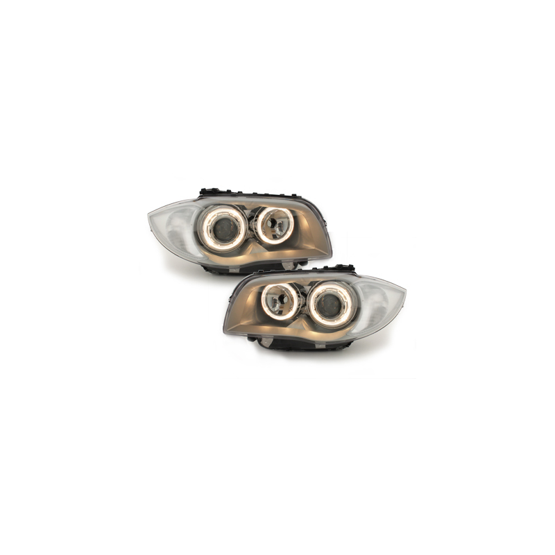 Phares BMW 1er E87 04-07  avec 2 Anneaux lumineux Angel Eyes  Chrome