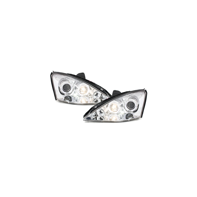 Phares Ford Focus 98-01  avec 2 Anneaux lumineux Angel Eyes  Chrome