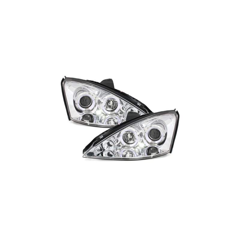 Phares Ford Focus 98-01  avec 2 Anneaux lumineux Angel Eyes  Chrome