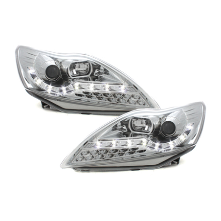 Phares DAYLINE Ford Focus 08-11  avec Feux Diurne Led LED  Chrome