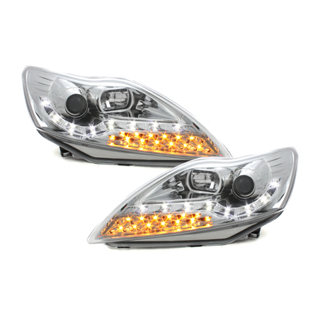 Phares DAYLINE Ford Focus 08-11  avec Feux Diurne Led LED  Chrome