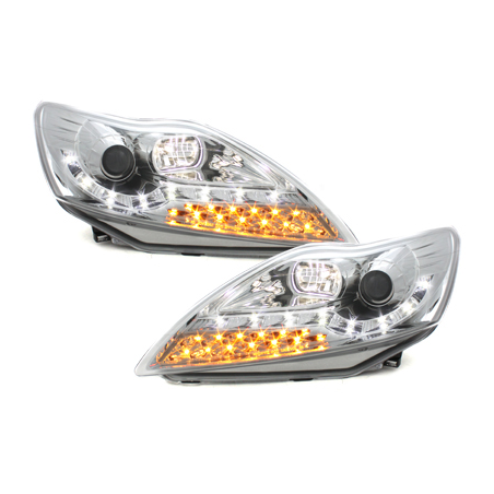 Phares DAYLINE Ford Focus 08-11  avec Feux Diurne Led LED  Chrome