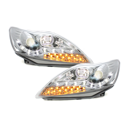 Phares DAYLINE Ford Focus 08-11  avec Feux Diurne Led LED  Chrome