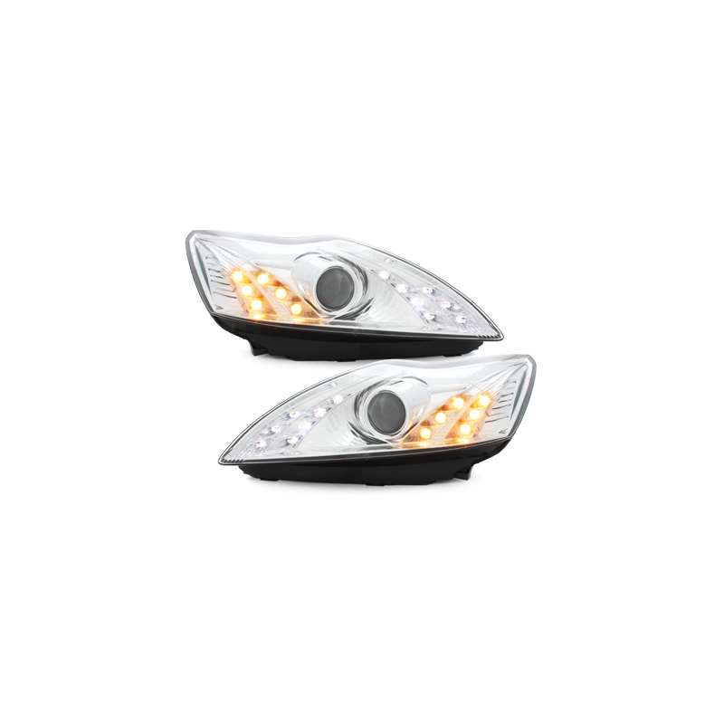 Phares DAYLINE Ford Focus 08-10  avec feux diurne LED  Chrome