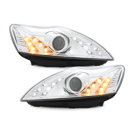 Phares DAYLINE Ford Focus 08-10  avec feux diurne LED  Chrome