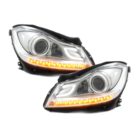 Phares avec Feux de jour LED Mercedes Benz W204 C-Klasse 11+  Chrome