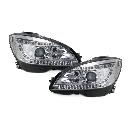 Phares avec Feux de jour LED Mercedes Benz W204 C-Klasse 06-10  Chrome