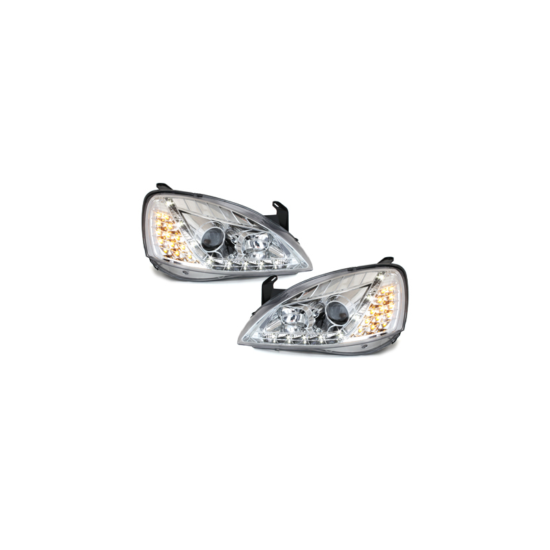 Phares DAYLINE Opel Corsa C 01-06  avec feux diurne LED  Chrome