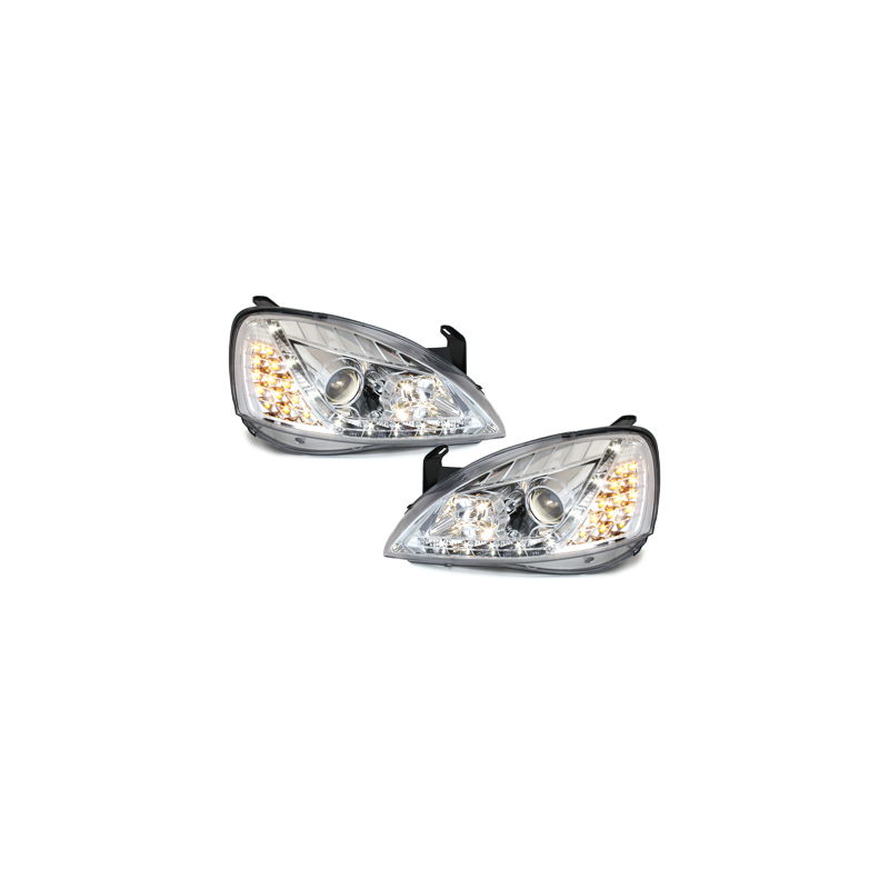 Phares DAYLINE Opel Corsa C 01-06  avec feux diurne LED  Chrome