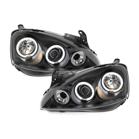 Phares Opel Corsa C 01-06 avec anneaux lumineux angel eyes CCFL Noir Phares Opel Corsa C 01-06 avec anneaux lumineux angel eyes CCFL Noir