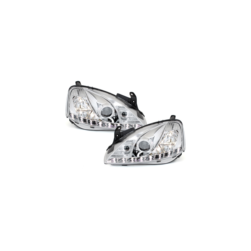 Phares DAYLINE Opel Corsa C 01-06  avec feux diurne LED  Chrome