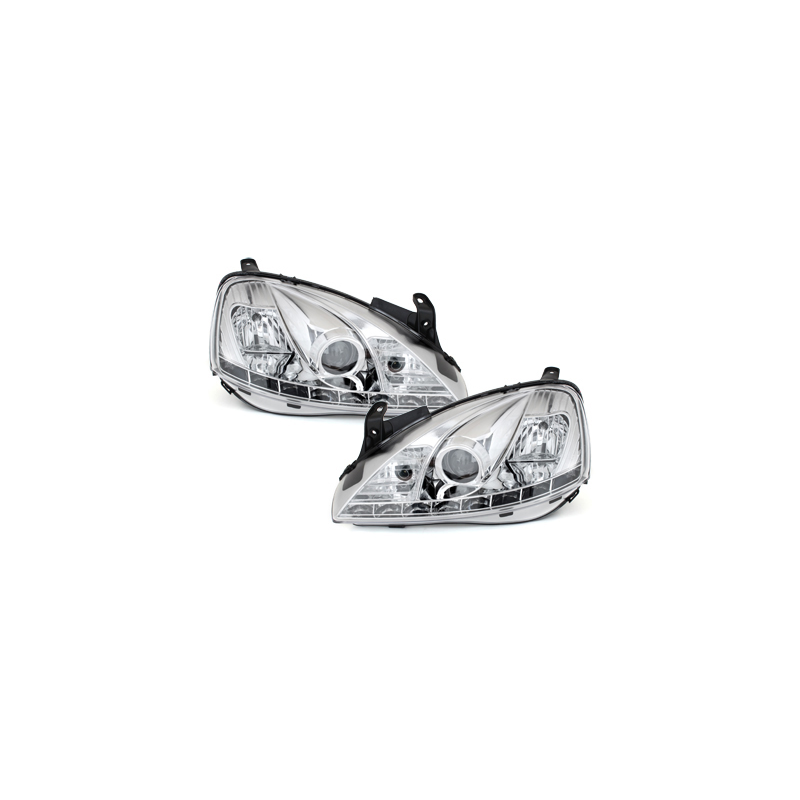 Phares DAYLINE Opel Corsa C 01-06  avec feux diurne LED  Chrome