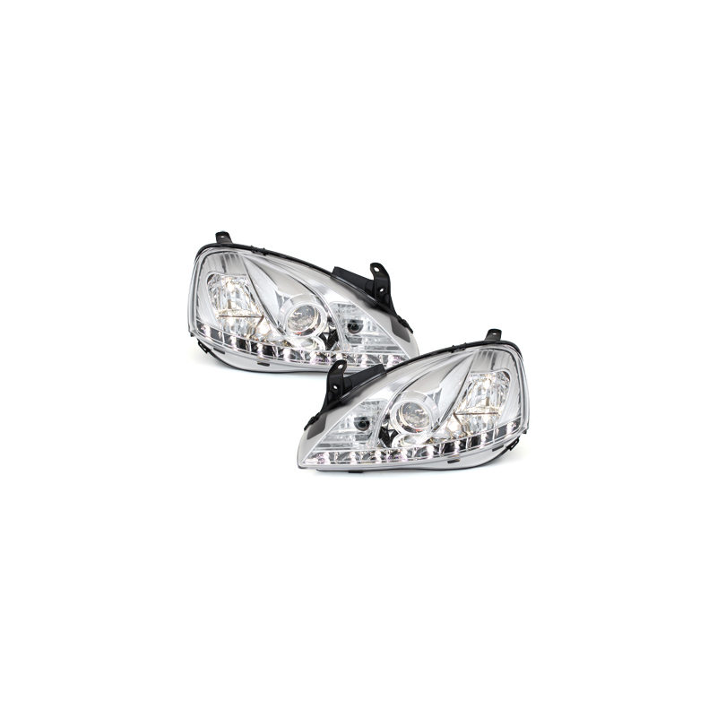 Phares DAYLINE Opel Corsa C 01-06  avec feux diurne LED  Chrome