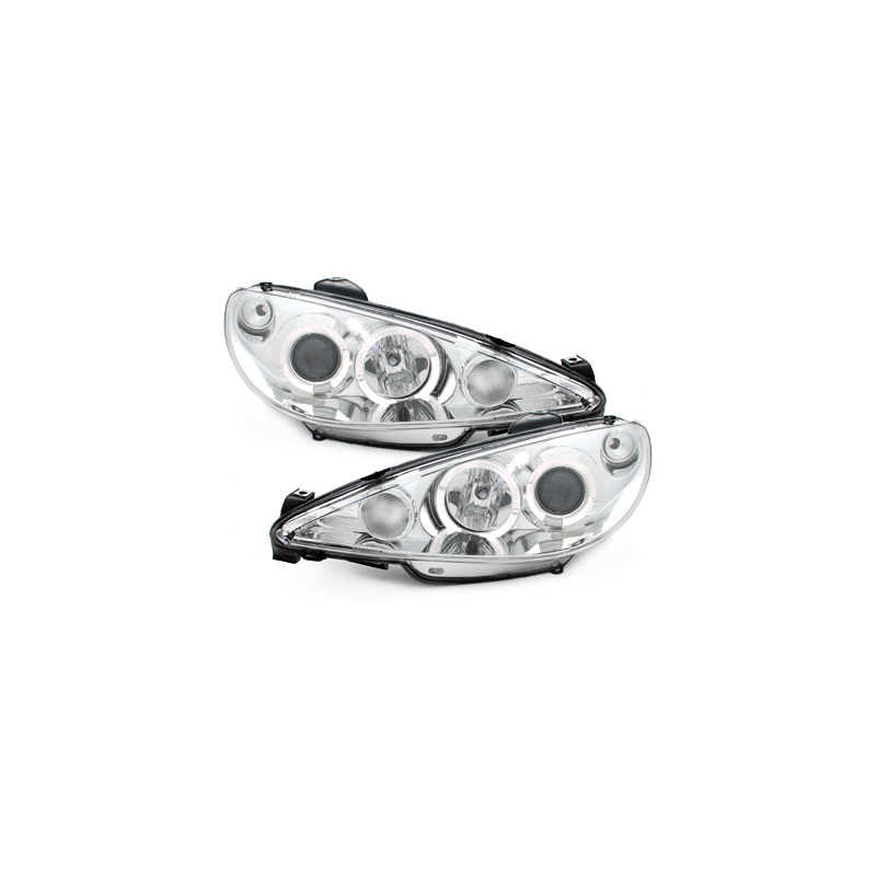 Phares Peugeot 206 98-02  avec 2 Anneaux lumineux Angel Eyes  Chrome