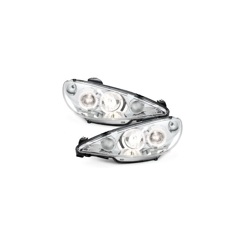 Phares Peugeot 206 98-02  avec 2 Anneaux lumineux Angel Eyes  Chrome