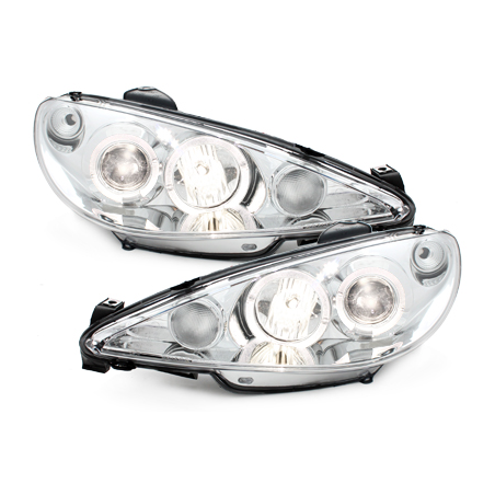 Phares Peugeot 206 98-02  avec 2 Anneaux lumineux Angel Eyes  Chrome