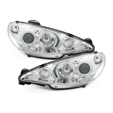 Phares Peugeot 206 98-02  avec 2 Anneaux lumineux Angel Eyes  Chrome