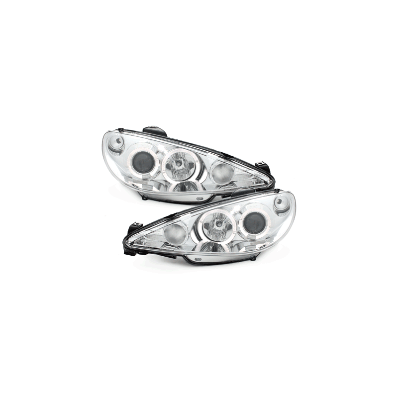 Phares Peugeot 206 98-02  avec 2 Anneaux lumineux Angel Eyes  Chrome
