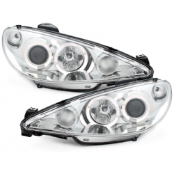 Phares Peugeot 206 02-07  avec anneaux lumineux angel eyes  Chrome