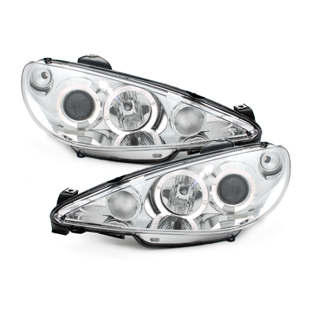 Phares Peugeot 206 02-07  avec anneaux lumineux angel eyes  Chrome