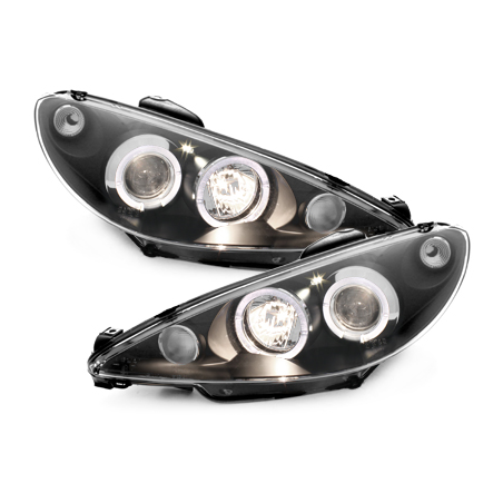 Phares Peugeot 206 02-07  avec anneaux lumineux angel eyes  Noir