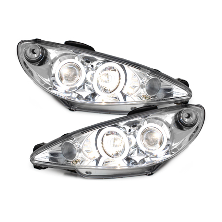 Phares Peugeot 206 02-07  avec anneaux lumineux angel eyes CCFL  Chrome