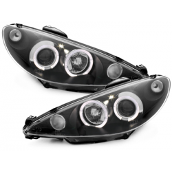 Phares Peugeot 206 98-02  avec 2 Anneaux lumineux Angel Eyes   Noir