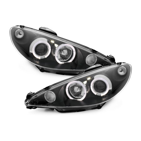 Phares Peugeot 206 98-02  avec 2 Anneaux lumineux Angel Eyes   Noir