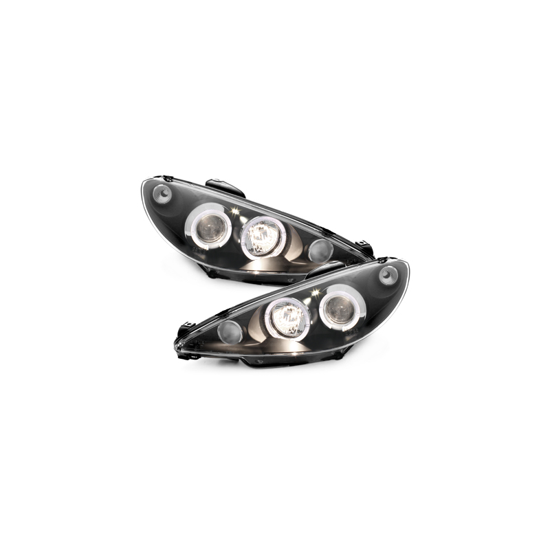 Phares Peugeot 206 98-02  avec 2 Anneaux lumineux Angel Eyes   Noir