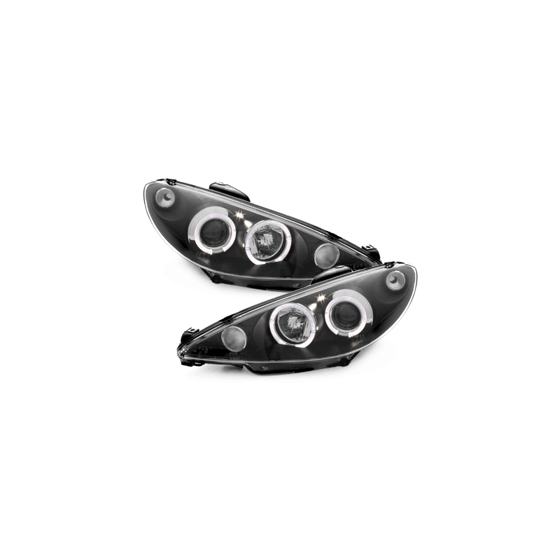 Phares Peugeot 206 98-02  avec 2 Anneaux lumineux Angel Eyes   Noir
