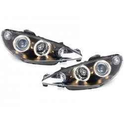 Phares Peugeot 206 02-07  avec 2 Anneaux lumineux Angel Eyes   Noir