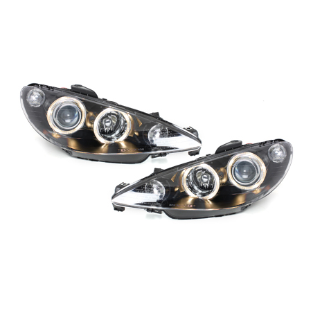 Phares Peugeot 206 02-07  avec 2 Anneaux lumineux Angel Eyes   Noir