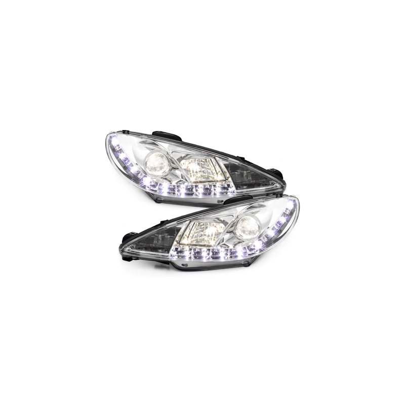 Phares DAYLINE Peugeot 206 98-07  avec feux diurne LED  Chrome