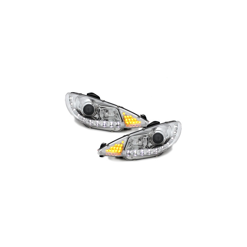 Phares DAYLINE Peugeot 206 98-07  avec feux diurne LED  Chrome